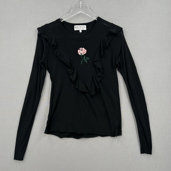 WILDFOX Shirt Womens XS Black Embroidered Tea Rose Lucienne Long Sleeve Crew Tee - Picture 3 of 13